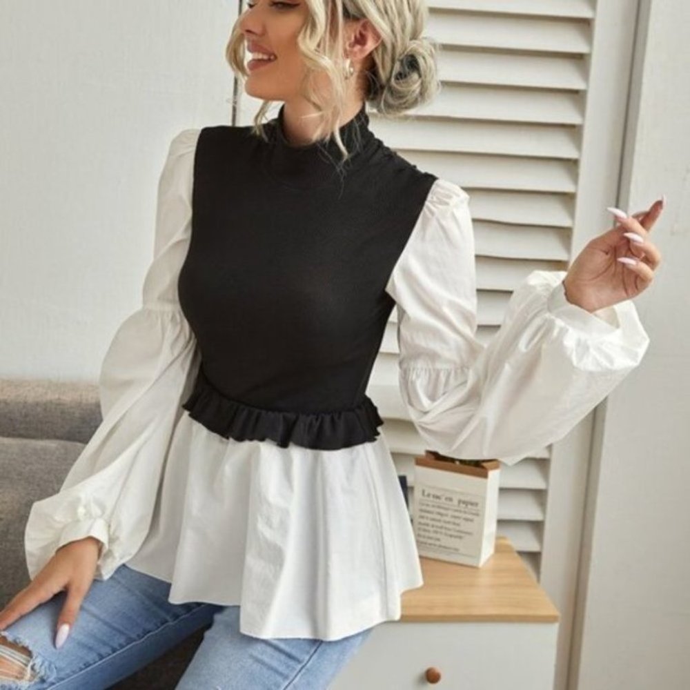 Mock Neck Lantern Sleeve Two Tone Peplum Top - Picture 2 of 7